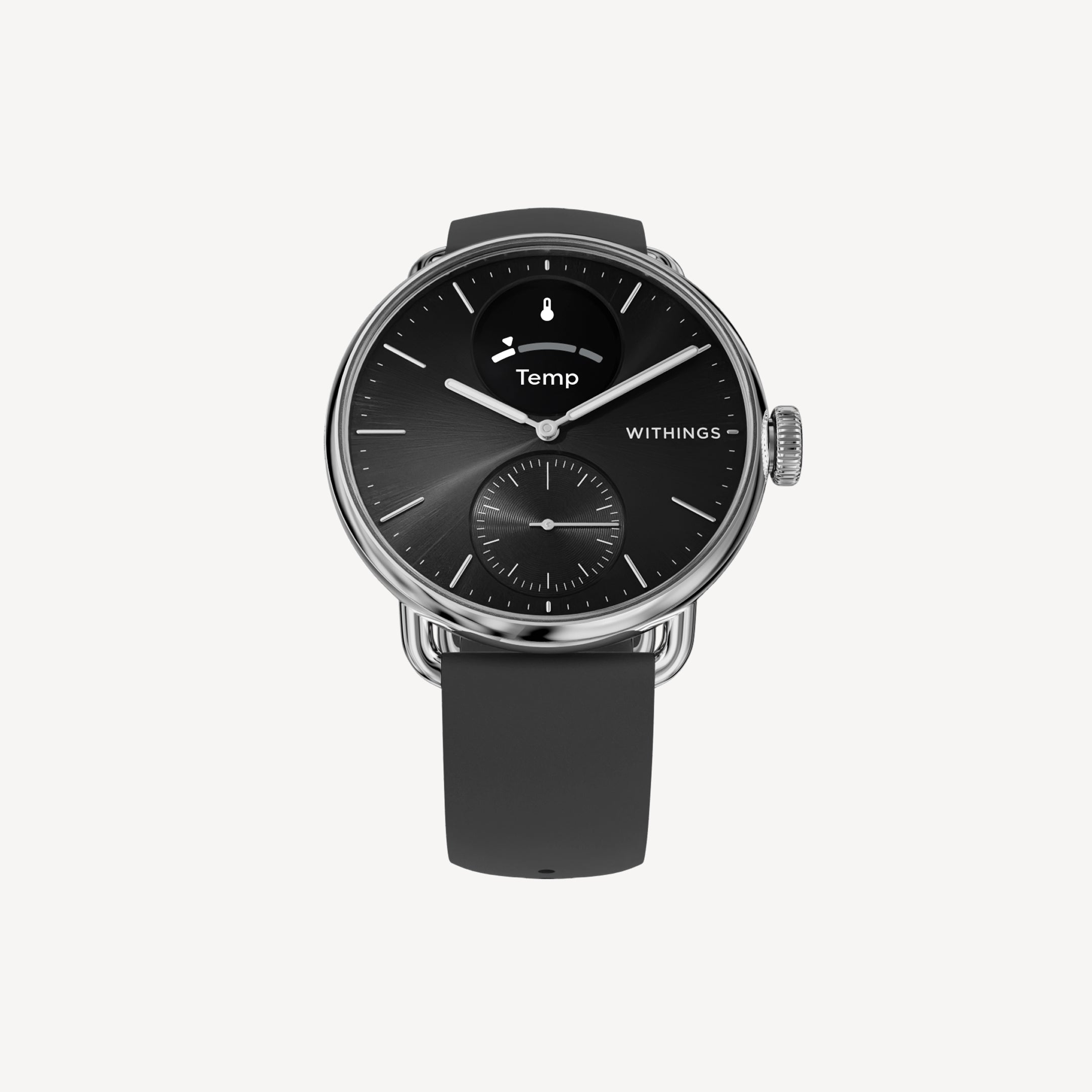 ScanWatch 2 — Black 38mm — Front view on white background, black dial with sub-dial and active Temp screen, grey silicone strap — front view, neutral background, black dial, hybrid