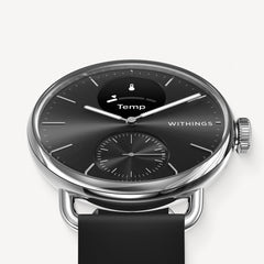 ScanWatch 2 — Black 38mm — Three-quarter front view, black dial with Temp mini-display, silver case and black silicone strap — three-quarter, close-up, neutral background
