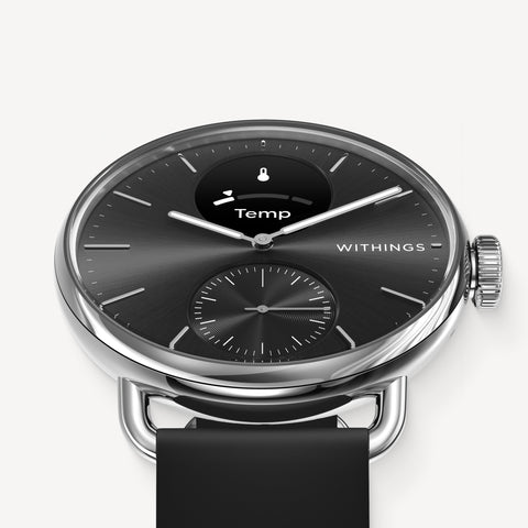 ScanWatch 2 — Black 38mm — Three-quarter front view, black dial with Temp mini-display, silver case and black silicone strap — three-quarter, close-up, neutral background