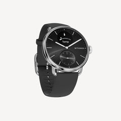 ScanWatch 2 — Black 38mm — Three-quarter view on neutral background, black dial with temperature display, black silicone strap, silver bezel — three-quarter, light background, hybrid