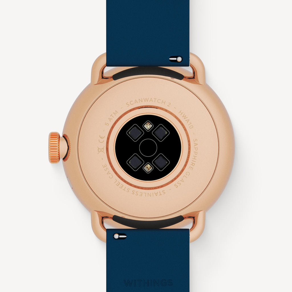 ScanWatch 2 — Navy blue strap, rose gold case — Rear view showing optical sensors and technical engravings — back, sensors, rose gold