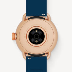 ScanWatch 2 — Navy blue strap, rose gold case — Rear view showing optical sensors and technical engravings — back, sensors, rose gold