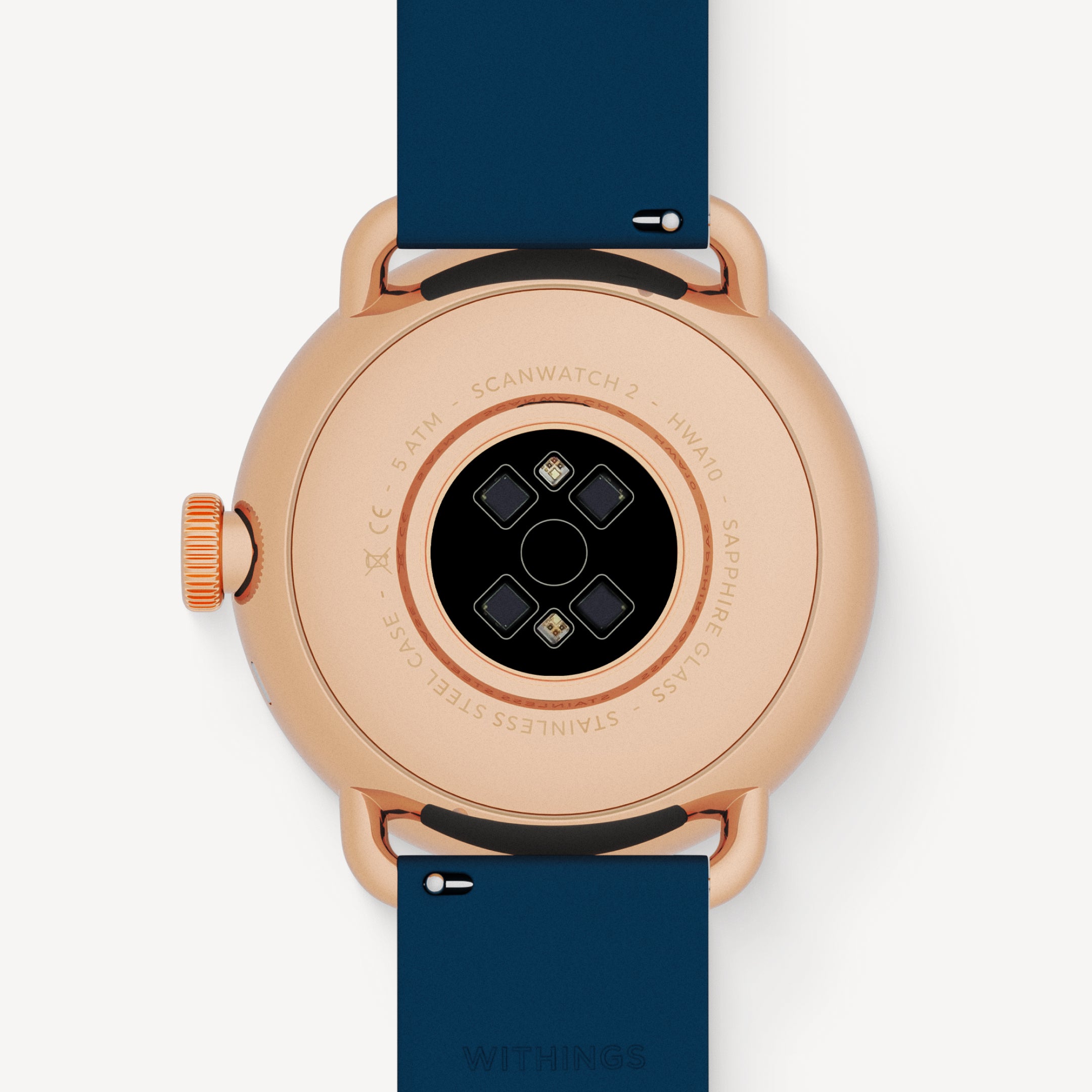 ScanWatch 2 — Navy blue strap, rose gold case — Rear view showing optical sensors and technical engravings — back, sensors, rose gold