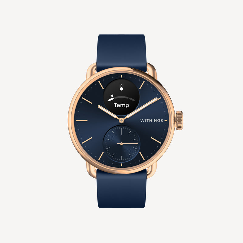 ScanWatch 2 — Blue/Rose Gold 38mm — Front view on neutral background, navy dial with temperature display and rose gold case — front, minimalist, hybrid, temperature