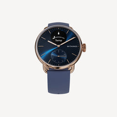 ScanWatch 2 — Blue/Rose Gold 38mm — Front view on neutral background, blue dial with sub-dial and Temp screen, blue silicone strap — front, rose gold, midnight blue