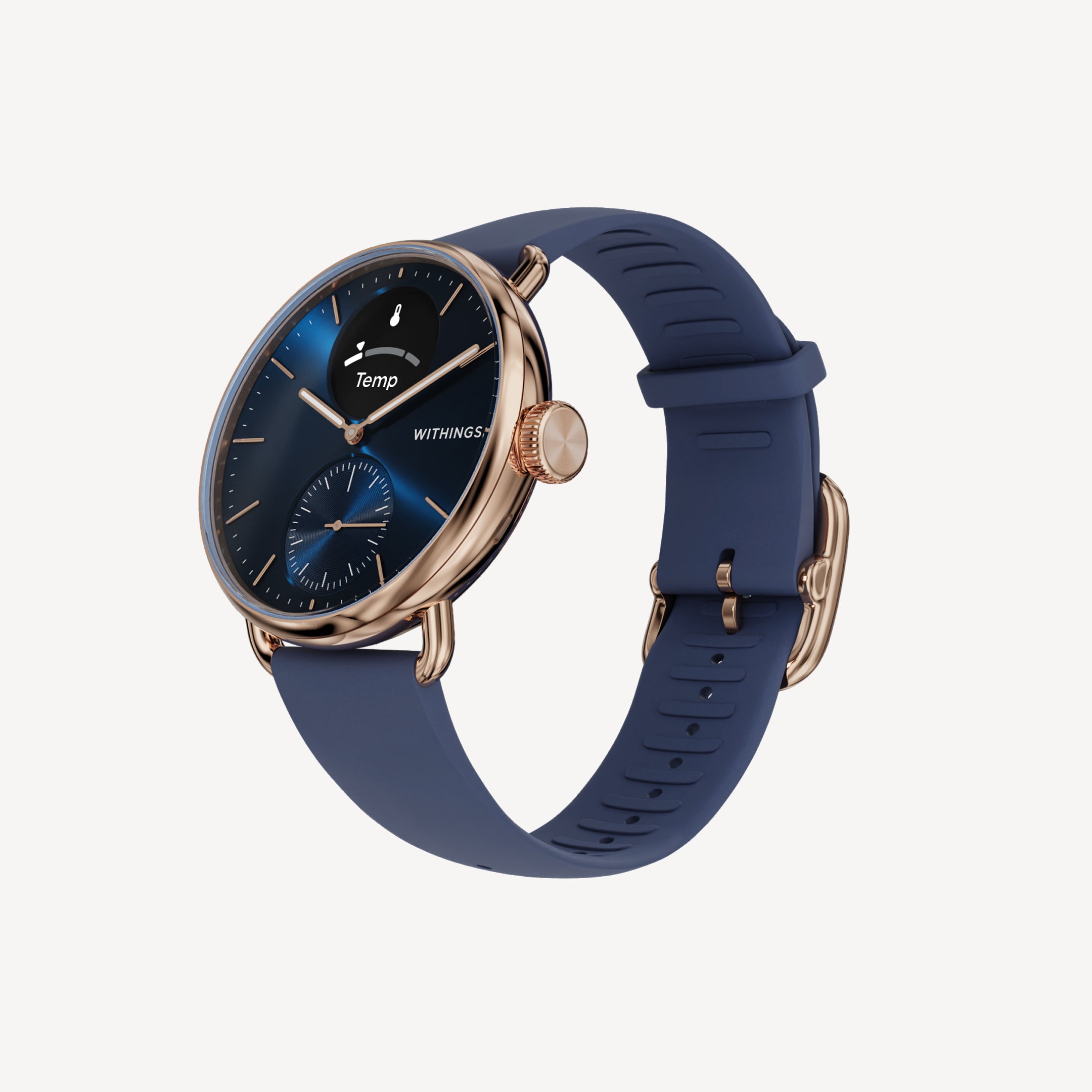 ScanWatch 2 — Blue/Rose Gold 38mm — Three-quarter view on neutral background, deep blue dial with temperature sub-dial, rose gold case, blue silicone strap — three-quarter, blue dial, silicone strap