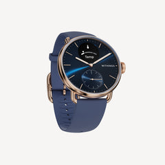 ScanWatch 2 — Blue/Rose Gold 38mm — Three-quarter view, deep blue dial with temperature display, blue silicone strap, rose gold case — three-quarter, plain background, hybrid