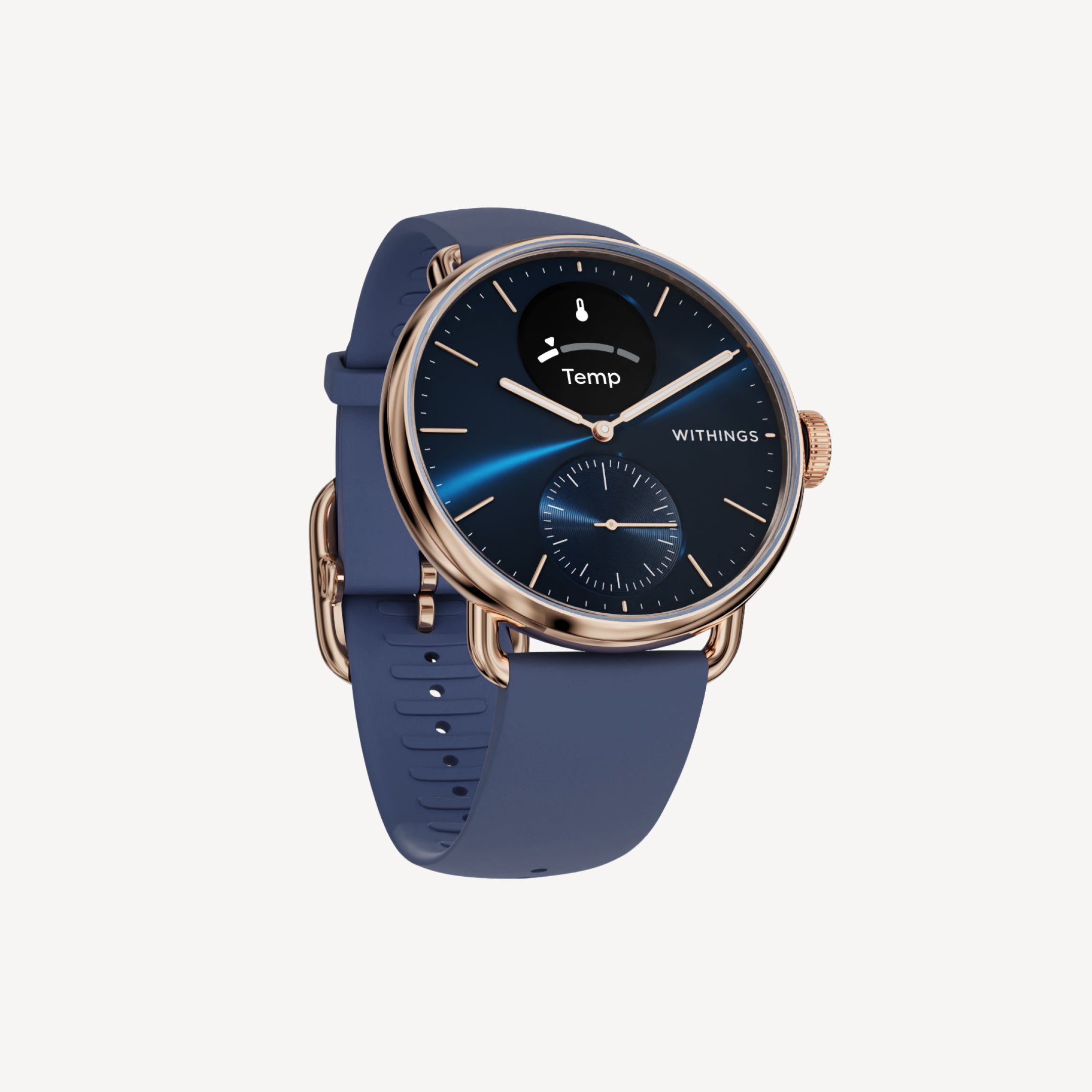 ScanWatch 2 — Blue/Rose Gold 38mm — Three-quarter view, deep blue dial with temperature display, blue silicone strap, rose gold case — three-quarter, plain background, hybrid