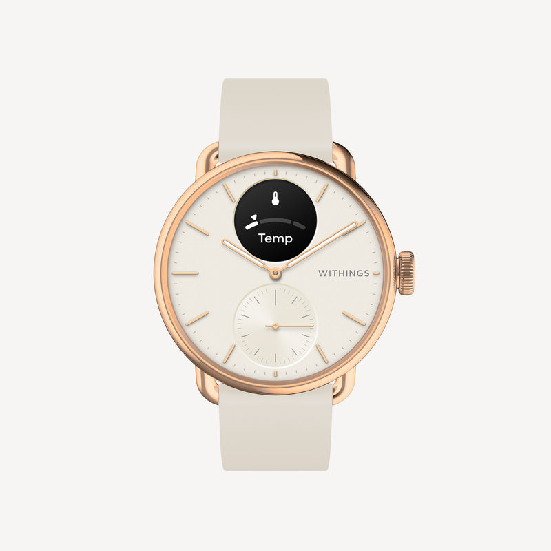 ScanWatch 2 — Rose Gold / White 38mm — Front view on neutral background, white dial with active Temp mini-screen, rose gold case, beige silicone strap — front, temp display, rose gold