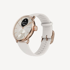 ScanWatch 2 — Roségold / weißes Armband — Drei-Viertel-Ansicht, weißes Zifferblatt mit Temperatur-Subdisplay, Roségoldgehäuse, weißes Silikonarmband — Drei-Viertel, neutraler Hintergrund, Roségold, Silikon