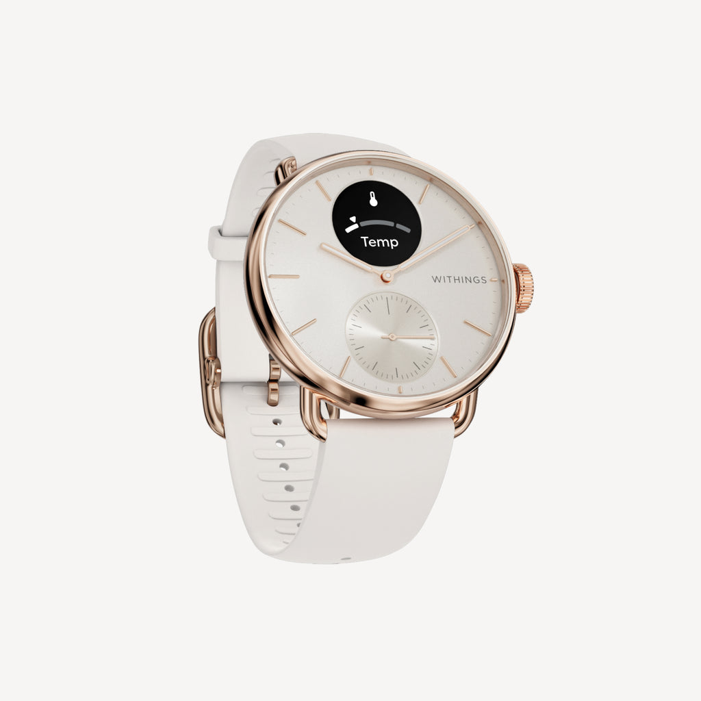 ScanWatch 2 — Weiß und Roségold 38mm — Drei-Viertel-Ansicht auf neutralem Hintergrund, weißes Zifferblatt mit Temperaturanzeige, weißes Silikonarmband — Drei-Viertel, Roségold, Temperatur