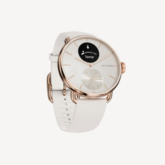 ScanWatch 2 — Weiß und Roségold 38mm — Drei-Viertel-Ansicht auf neutralem Hintergrund, weißes Zifferblatt mit Temperaturanzeige, weißes Silikonarmband — Drei-Viertel, Roségold, Temperatur