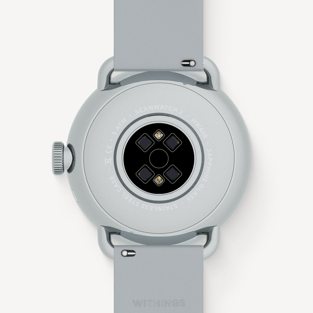 Withings ScanWatch 2 — Cinturino grigio — Vista posteriore con sensori ottici ed elettrodi ECG, cassa in acciaio inossidabile, sfondo bianco — retro, sensori, acciaio
