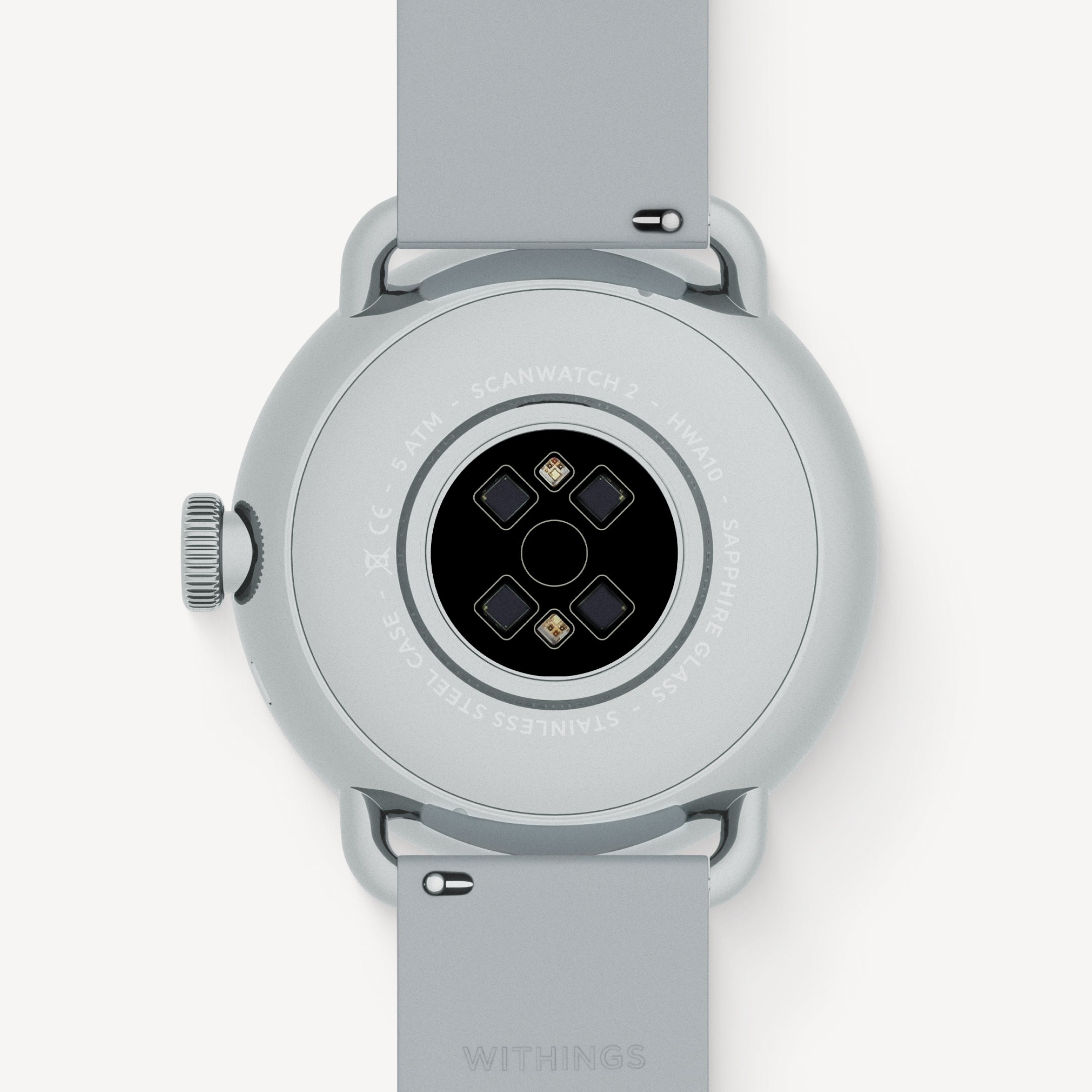 Withings ScanWatch 2 — Cinturino grigio — Vista posteriore con sensori ottici ed elettrodi ECG, cassa in acciaio inossidabile, sfondo bianco — retro, sensori, acciaio