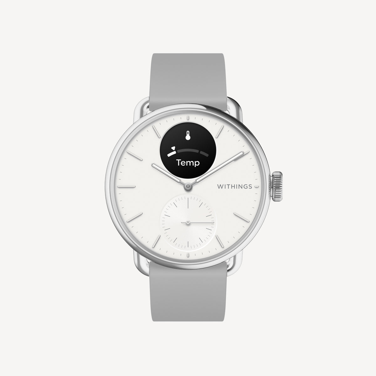 ScanWatch 2 — Blanco 38 mm — Vista frontal sobre fondo neutro, esfera blanca con pantalla OLED mostrando la función Temp, correa de silicona gris — frontal, oled, gris, blanco