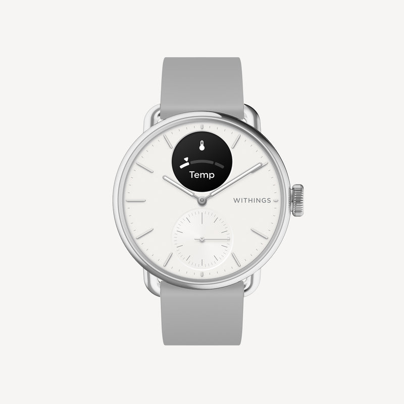 ScanWatch 2 — White 38mm — Front view on neutral background, white dial with OLED screen showing Temp feature, grey silicone strap — front, oled, grey, white