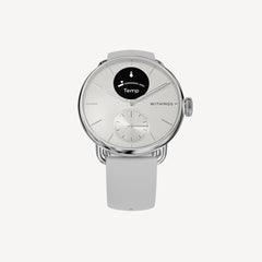 ScanWatch 2 — Bianca 38mm — Vista frontale su sfondo bianco, display della temperatura attivo, cinturino in silicone grigio chiaro — frontale, display ibrido, termometro