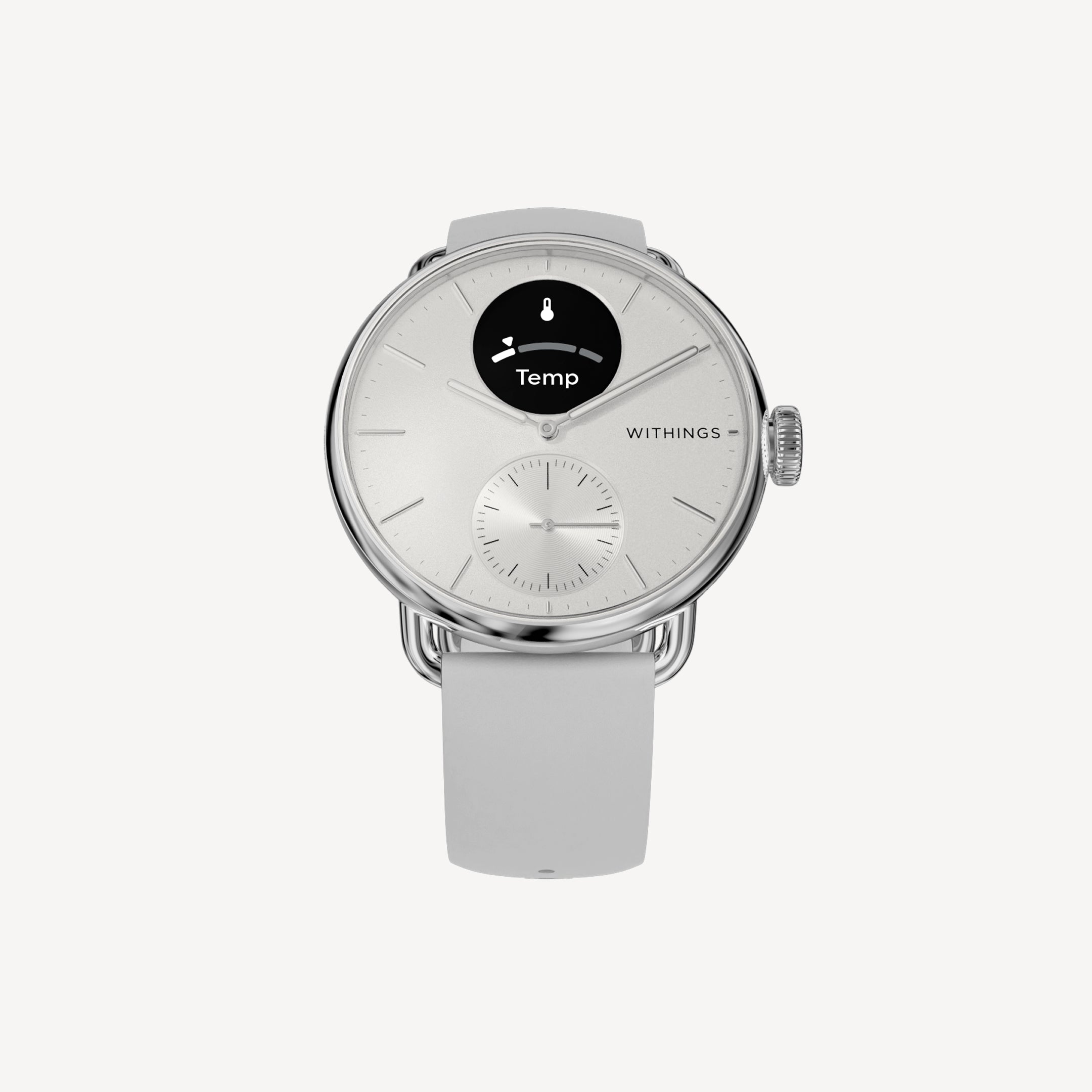 ScanWatch 2 — Bianca 38mm — Vista frontale su sfondo bianco, display della temperatura attivo, cinturino in silicone grigio chiaro — frontale, display ibrido, termometro
