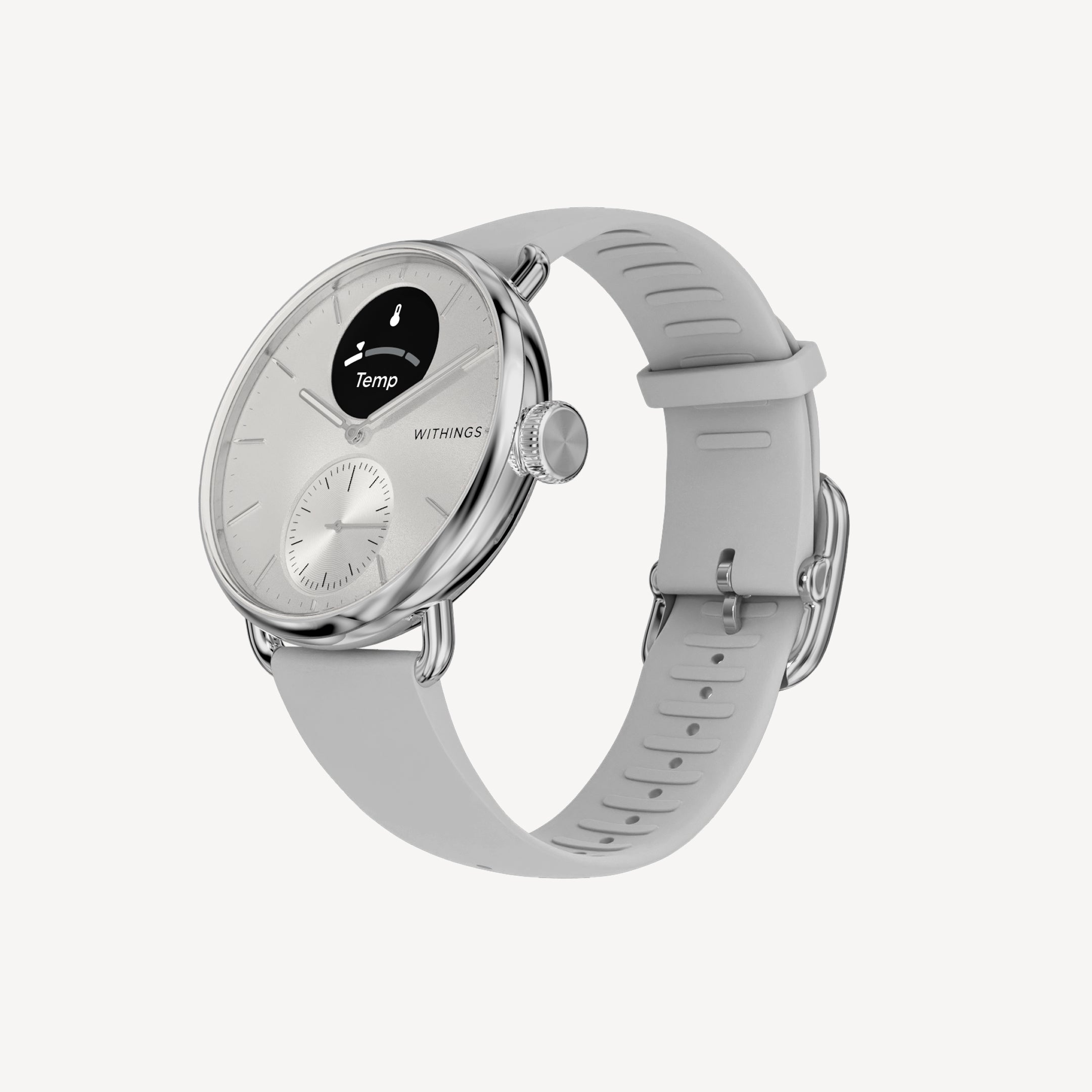 ScanWatch 2 — Bianco/Argento 38mm — Vista a tre quarti su sfondo neutro, cinturino in silicone grigio, quadrante bianco con mini-schermo della temperatura — tre quarti, argento, grigio