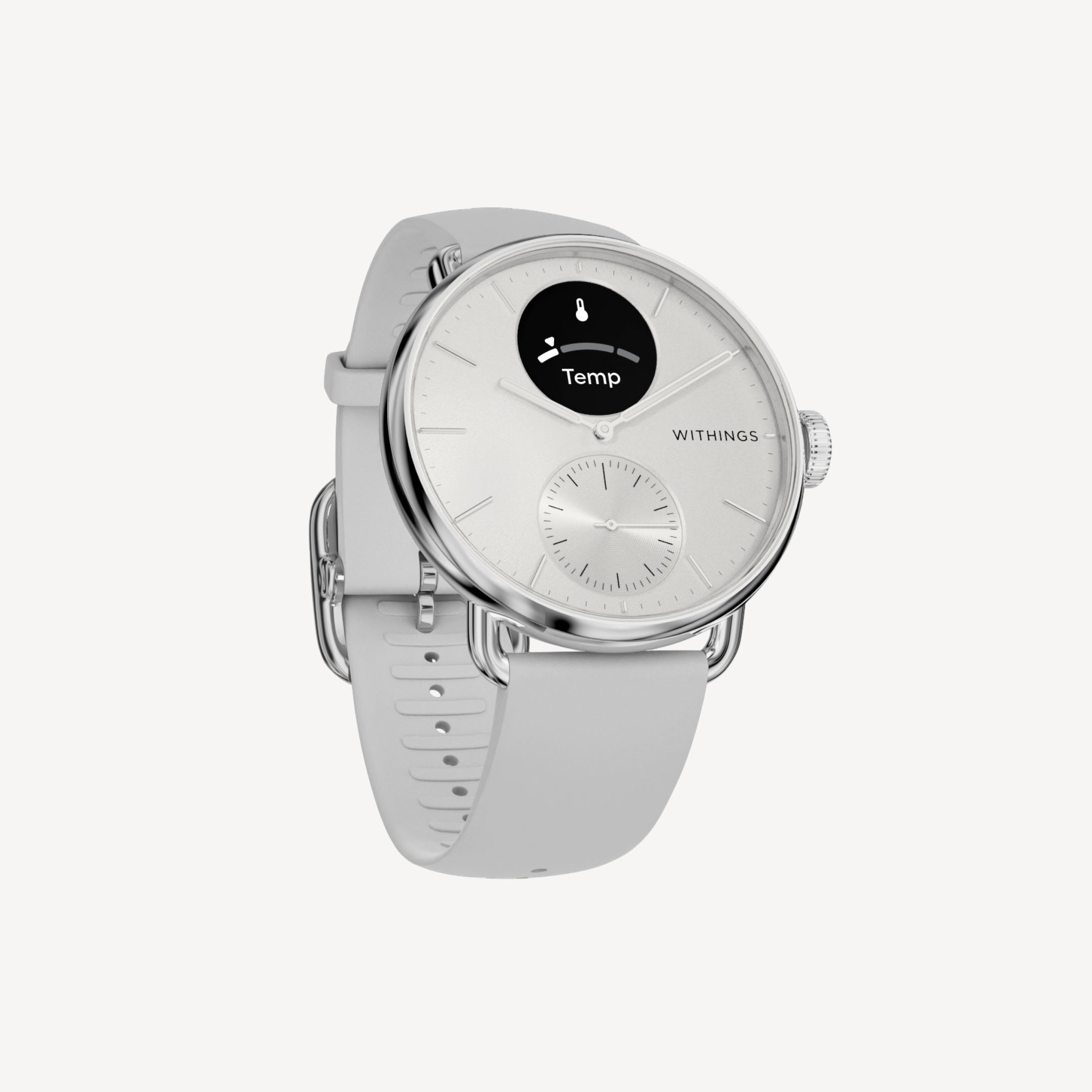 ScanWatch 2 — Bianca 38mm — Vista a tre quarti, quadrante bianco con mini-display Temp, cinturino in silicone grigio, sfondo neutro — tre quarti, argento, ibrido