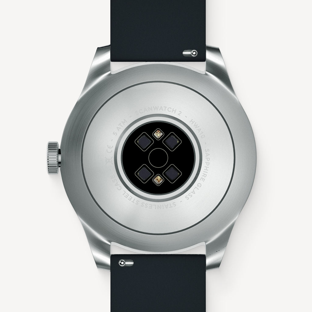 ScanWatch 2 — Black 42mm — Stainless steel caseback view showing optical health sensors and engraved specifications — back, sensors, brushed steel, white background