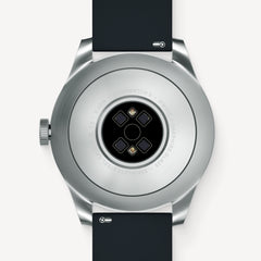 ScanWatch 2 — Black 42mm — Stainless steel caseback view showing optical health sensors and engraved specifications — back, sensors, brushed steel, white background