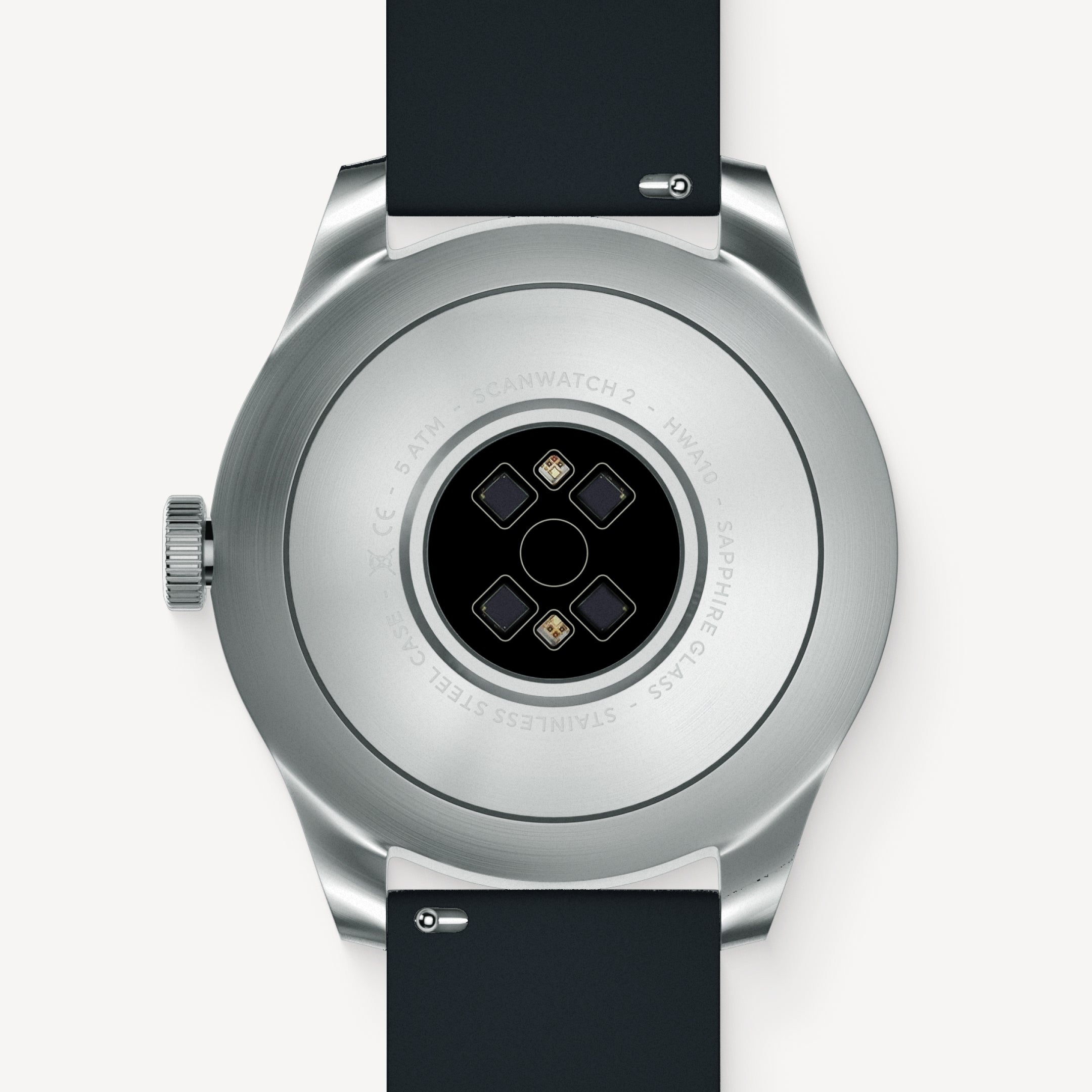 ScanWatch 2 — Black 42mm — Stainless steel caseback view showing optical health sensors and engraved specifications — back, sensors, brushed steel, white background