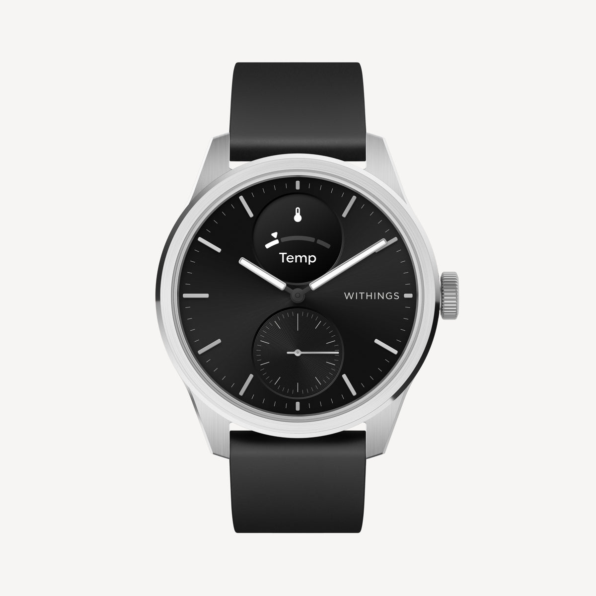 ScanWatch 2 — Black 42mm — Front view on white background, black dial with sub-dial and Temp display, silver case, black silicone strap — front, black dial, packshot