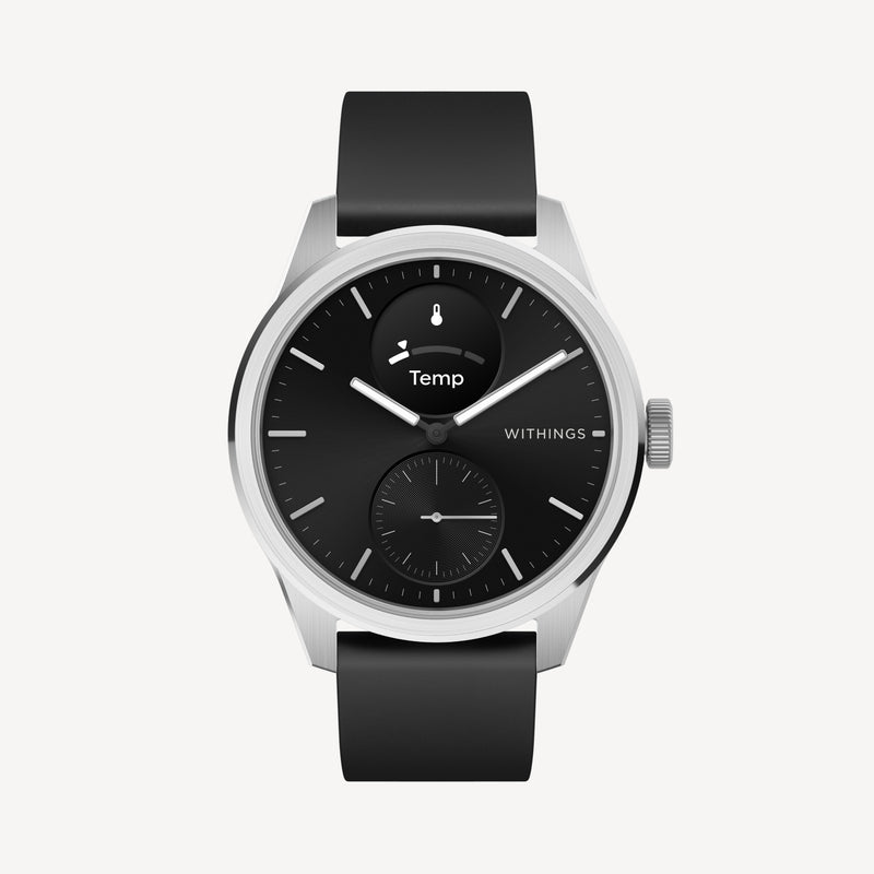 ScanWatch 2 — Black 42mm — Front view on white background, black dial with sub-dial and Temp display, silver case, black silicone strap — front, black dial, packshot
