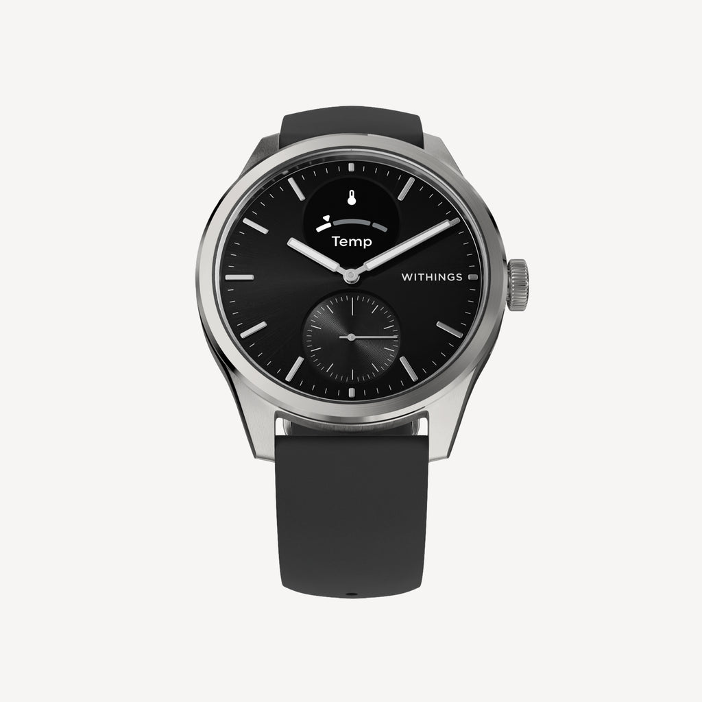 ScanWatch 2 — Black 42mm — Front view on white background, black dial with sub-dial and active Temp screen, black silicone strap — front, neutral background, hybrid, temperature