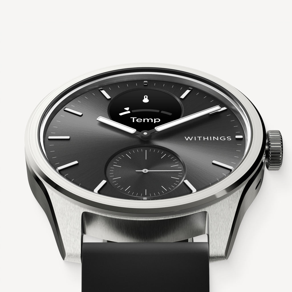 ScanWatch 2 — Black 42mm — Three-quarter close-up view, anthracite dial with sub-dial and Temp screen, steel case, black silicone strap — three-quarter, close-up, neutral background