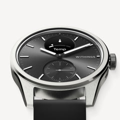ScanWatch 2 — Black 42mm — Three-quarter close-up view, anthracite dial with sub-dial and Temp screen, steel case, black silicone strap — three-quarter, close-up, neutral background