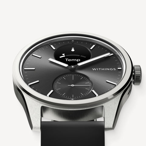 ScanWatch 2 — Black 42mm — Three-quarter close-up view, anthracite dial with sub-dial and Temp screen, steel case, black silicone strap — three-quarter, close-up, neutral background