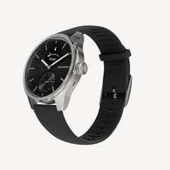 ScanWatch 2 — Black 42mm — Three-quarter view on white background, black dial with sub-dial and Temp indicator, black silicone strap — three-quarter, black dial, silicone strap