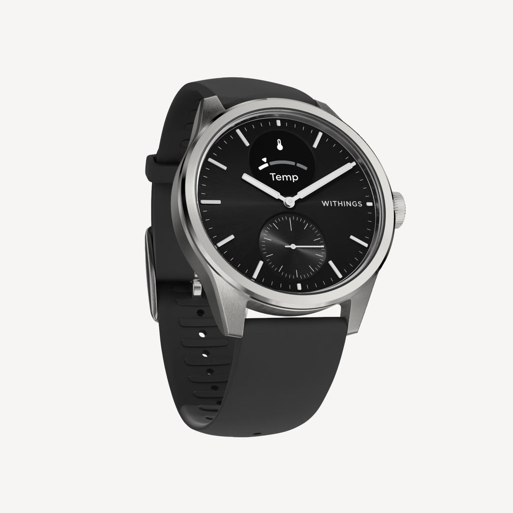 ScanWatch 2 — Black 42mm — Three-quarter view on light background, black dial with Temp display, black silicone strap — three-quarter, black dial, silicone strap