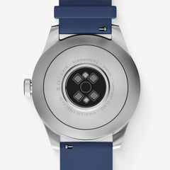 ScanWatch 2 — Azul 42 mm — Vista trasera, caja de acero inoxidable con sensores ópticos y texto grabado, correa de silicona azul — trasera, sensores, acero, azul