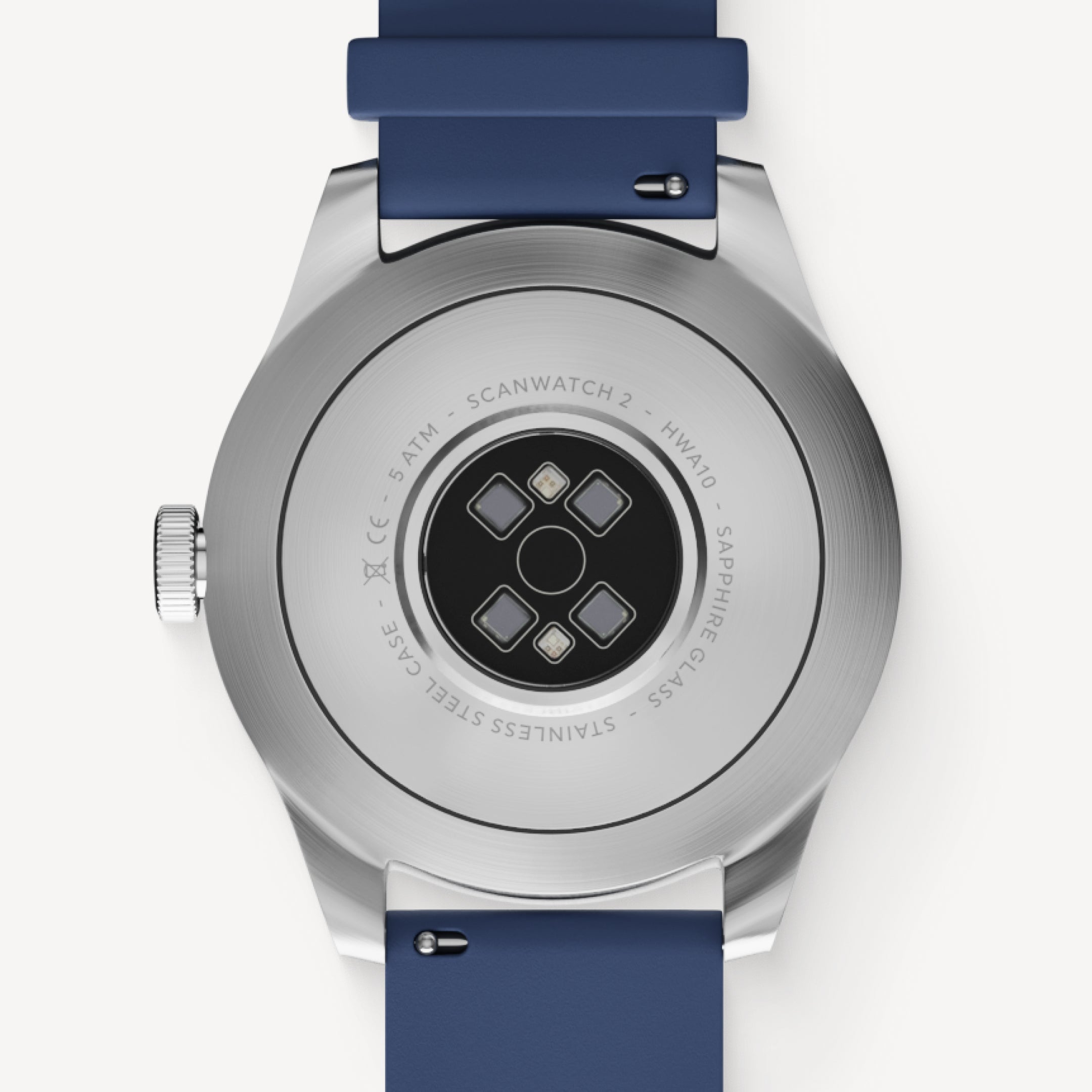 ScanWatch 2 — Azul 42 mm — Vista trasera, caja de acero inoxidable con sensores ópticos y texto grabado, correa de silicona azul — trasera, sensores, acero, azul