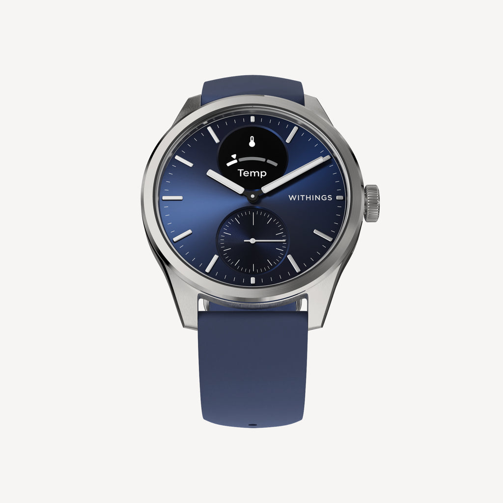 ScanWatch 2 — Azul 42 mm — Vista frontal sobre fondo blanco, esfera azul profundo con subesfera y pantalla AMOLED mostrando Temp, correa de silicona azul — frontal, fondo neutro, caja de acero