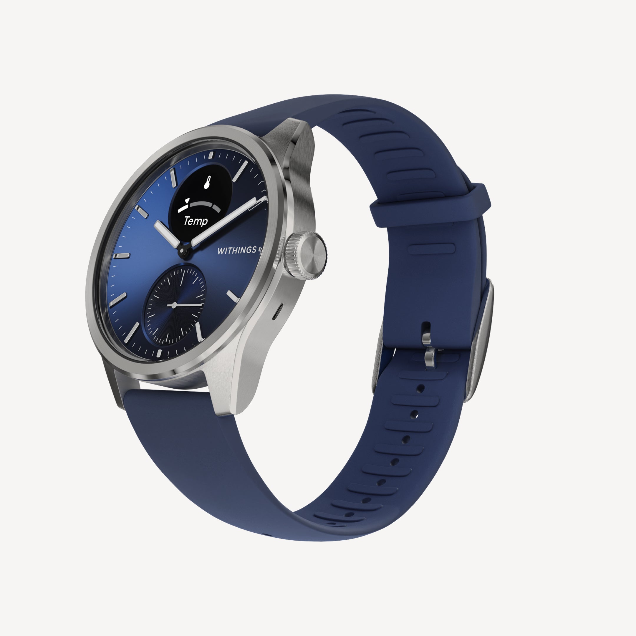 ScanWatch 2 — Azul 42 mm — Vista en tres cuartos, esfera azul profundo con subesfera de temperatura, caja de acero, correa de silicona azul marino — tres cuartos, fondo neutro, acero cepillado