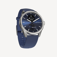 ScanWatch 2 — Azul 42 mm — Vista en tres cuartos, esfera azul profundo con pantalla Temp, caja plateada y correa de silicona azul — tres cuartos, fondo neutro, híbrido