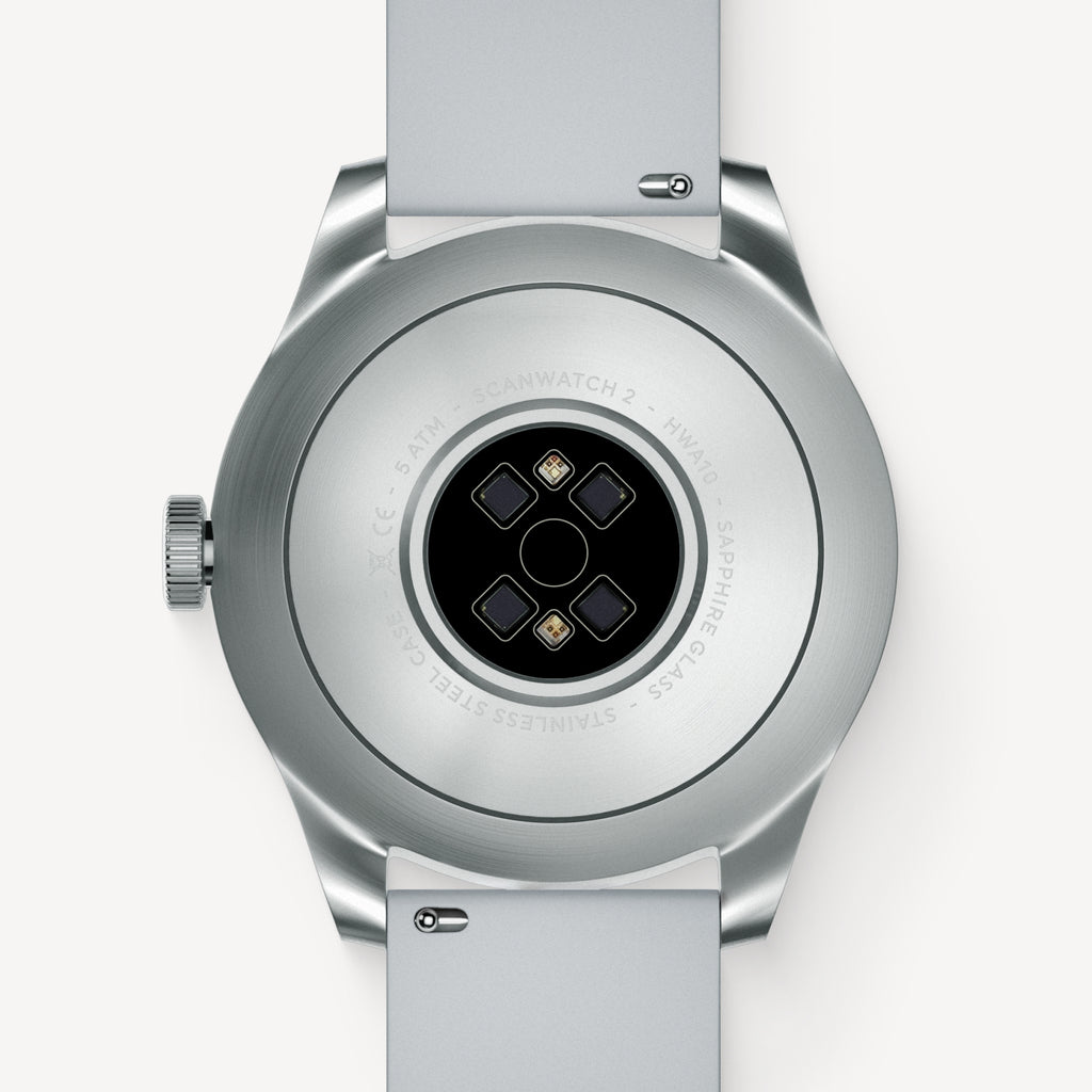 ScanWatch 2 — Cinturino grigio chiaro — Vista posteriore con sensori ottici e fondello in acciaio inossidabile su sfondo bianco — retro, sensori, acciaio inossidabile, primo piano