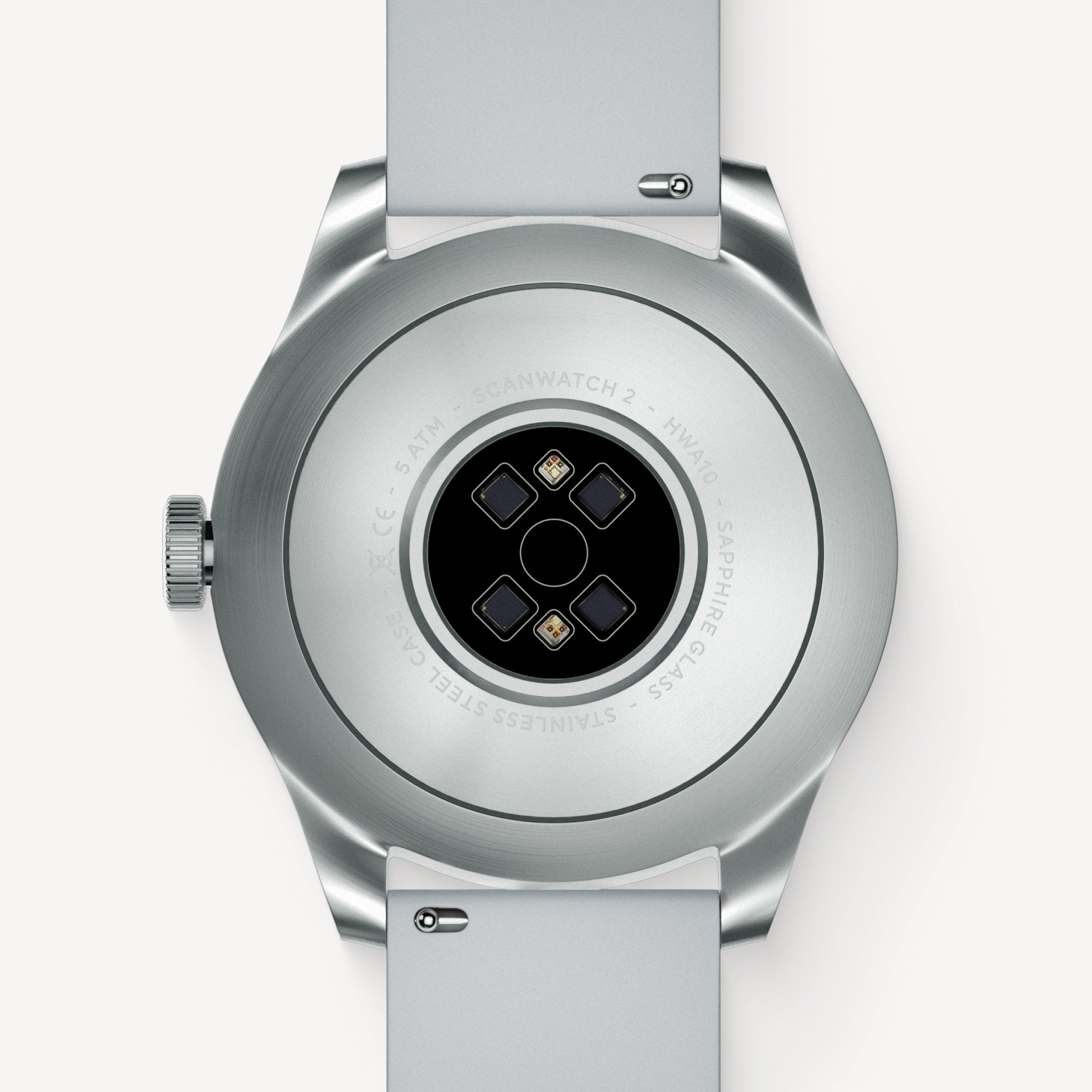 ScanWatch 2 — Cinturino grigio chiaro — Vista posteriore con sensori ottici e fondello in acciaio inossidabile su sfondo bianco — retro, sensori, acciaio inossidabile, primo piano