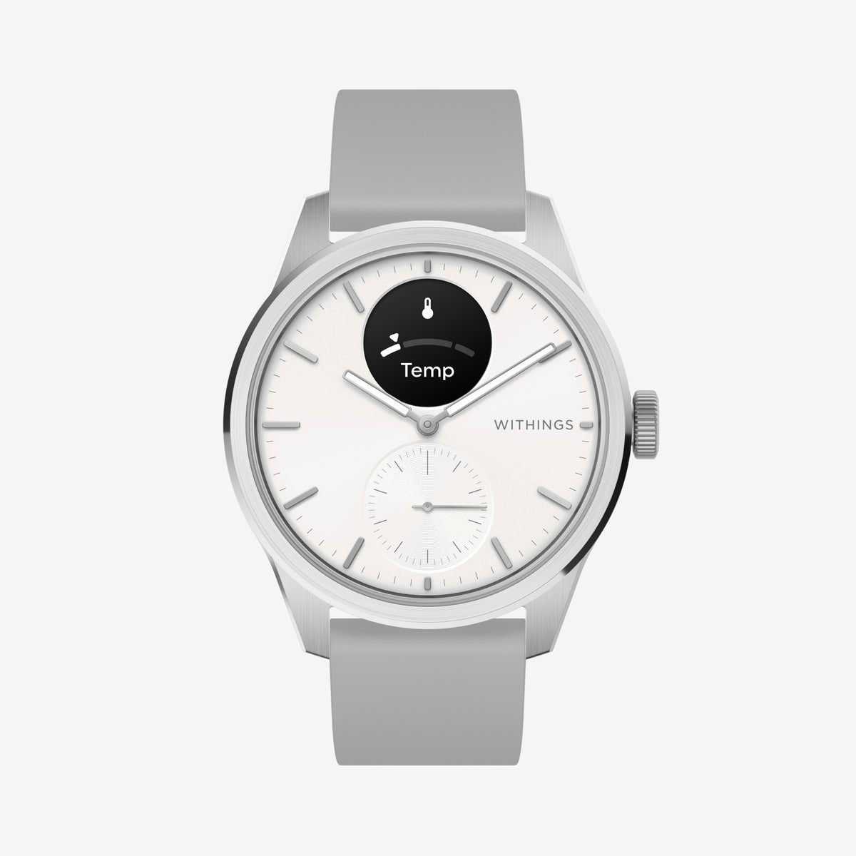 ScanWatch 2 — White 42mm — Front view on neutral background, white dial with black AMOLED subdial showing Temp, grey silicone strap — front, white dial, hybrid smartwatch