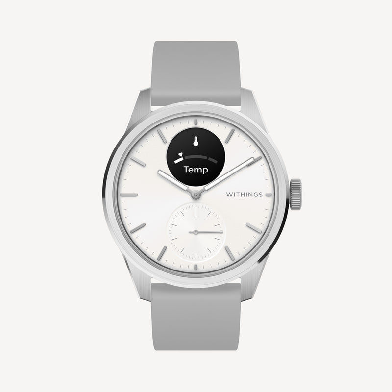 ScanWatch 2 — White 42mm — Front view on neutral background, white dial with black AMOLED subdial showing Temp, grey silicone strap — front, white dial, hybrid smartwatch