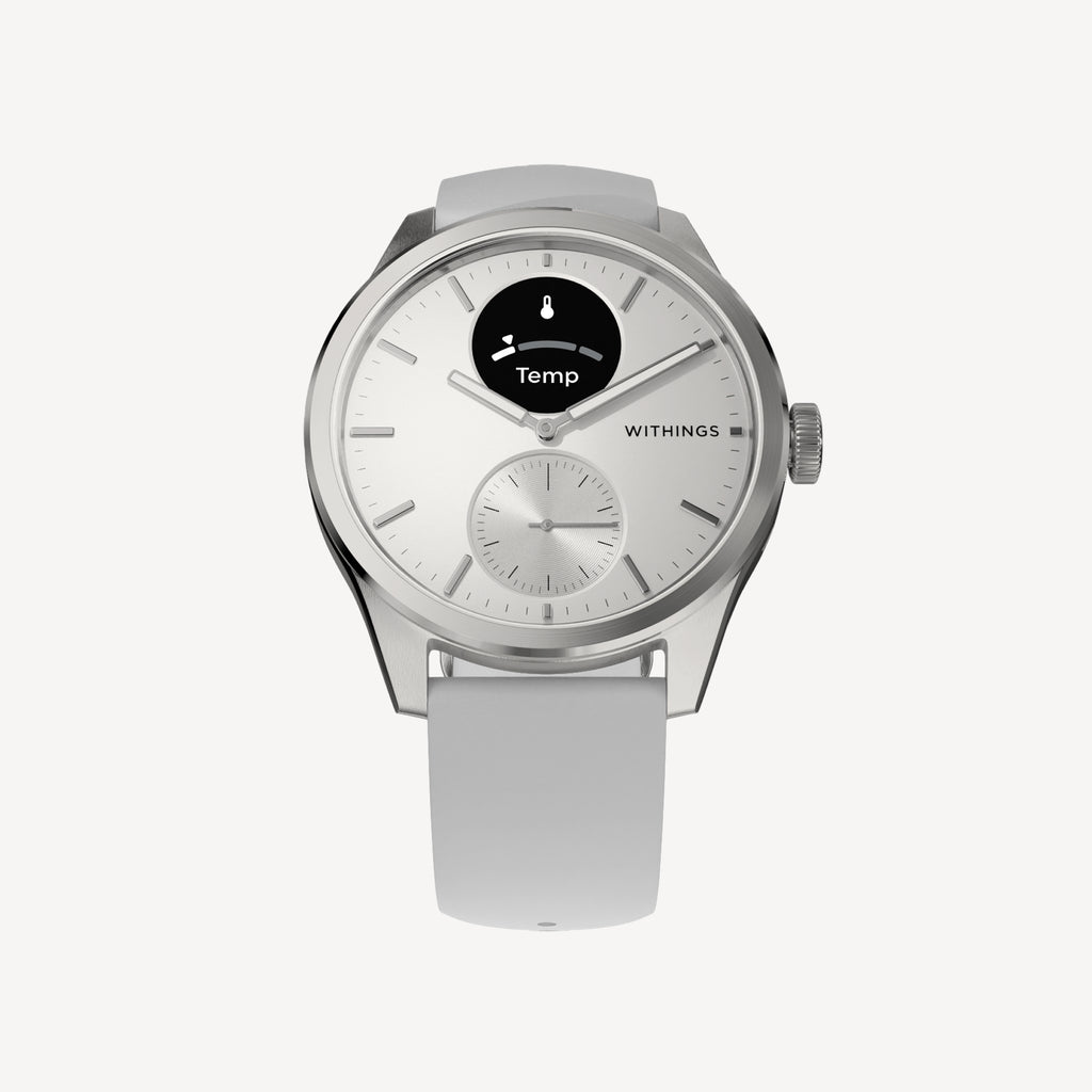 ScanWatch 2 — Bianco/Acciaio 42mm — Vista frontale su sfondo bianco, quadrante bianco con schermo AMOLED che mostra il display della temperatura, cinturino in silicone grigio chiaro — frontale, sfondo neutro, schermo attivo, silicone