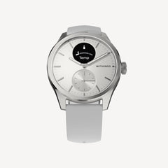 ScanWatch 2 — Bianco/Acciaio 42mm — Vista frontale su sfondo bianco, quadrante bianco con schermo AMOLED che mostra il display della temperatura, cinturino in silicone grigio chiaro — frontale, sfondo neutro, schermo attivo, silicone