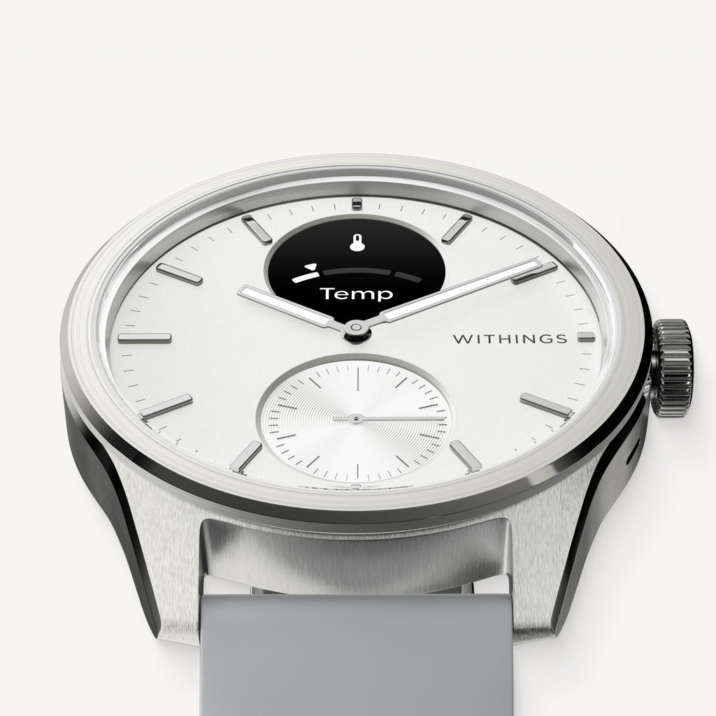 ScanWatch 2 — White 42mm — Three-quarter close-up view, white dial with OLED screen showing Temp, grey silicone strap — three-quarter, close-up, silver case