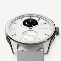 ScanWatch 2 — White 42mm — Three-quarter close-up view, white dial with OLED screen showing Temp, grey silicone strap — three-quarter, close-up, silver case