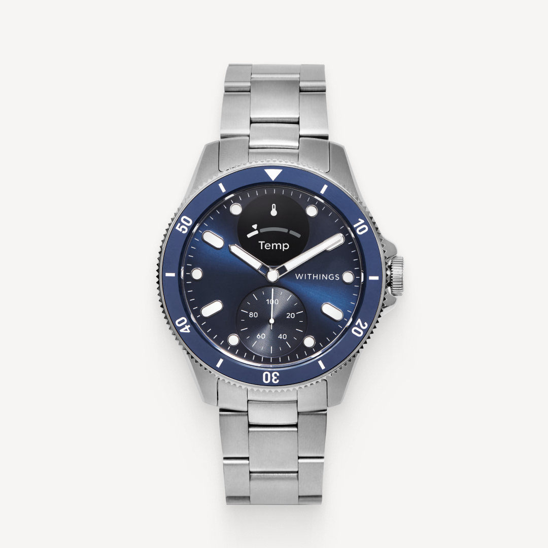ScanWatch Healthmaster — Blue 42mm — Front view on white background, navy blue dial, steel bracelet, activity sub-dial and Temp display — front, steel, blue, sport
