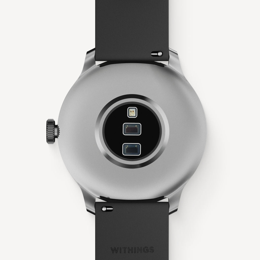 ScanWatch Light — Black 37mm — Rear view of silver case showing optical sensors and crown, black silicone strap — back, sensors, plain background